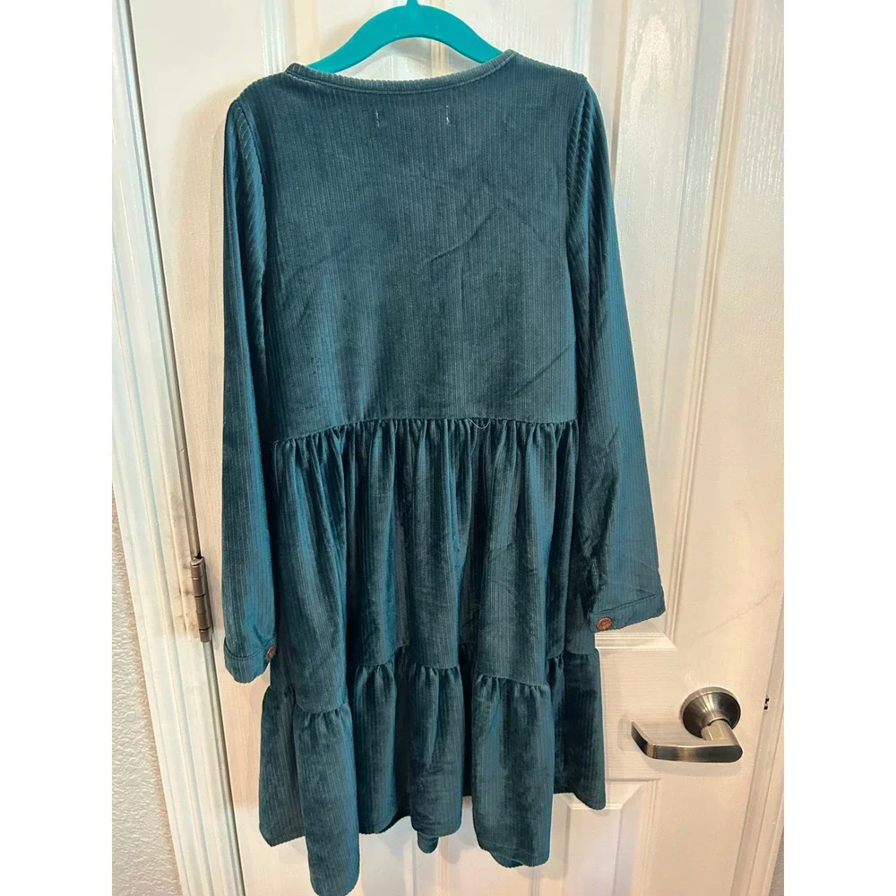 Biscotti Dress Teal Blue Corduroy Tiered Button Front Long Sleeve Kids 7